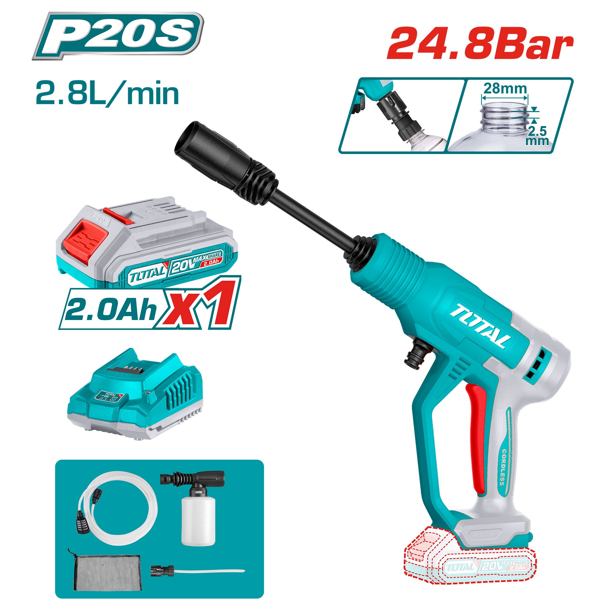 Akumulatorski visokotlačni čičstilec 24,8Bar/20V/2.0Ah-7.5Ah/P20S (SET Baterija 1x2Ah, Polnilec) (TPWLI20362E) TOTAL