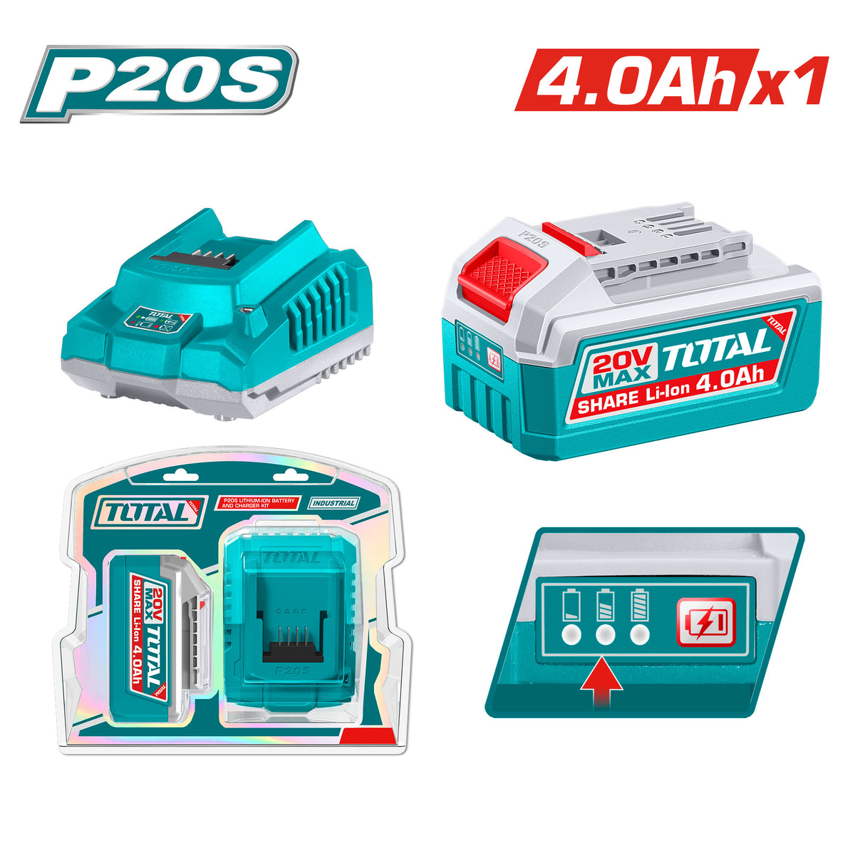 Komplet 1 kos. Litij-ionska baterija 4,0 Ah in polnilec, 20V/P20S, INDUSTRIAL (TFBCPK1012E)