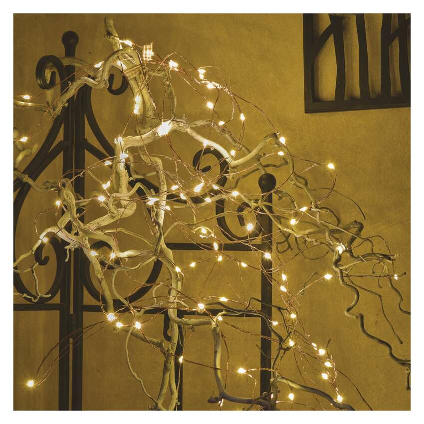 LED božična nano veriga bakrena, 10 m, zunanja in notranja, topla bela, časovnik