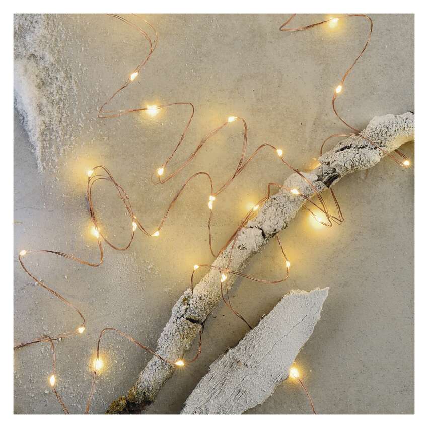 LED božična nano veriga bakrena, 4 m, zunanja in notranja, topla bela, časovnik