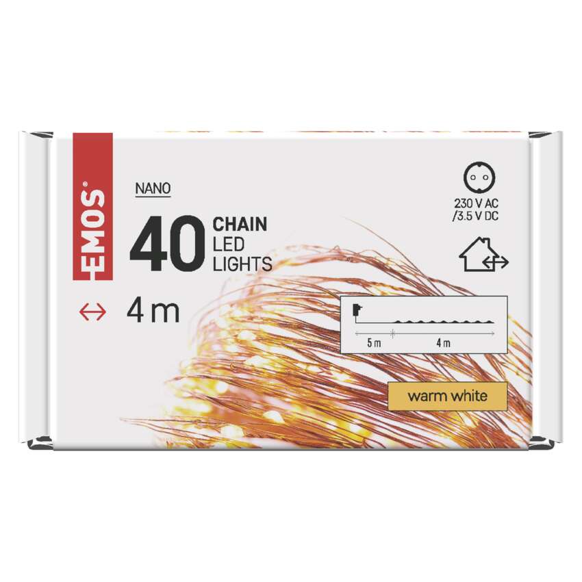 LED božična nano veriga bakrena, 4 m, zunanja in notranja, topla bela, časovnik