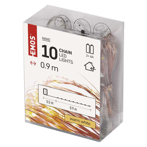 LED božična nano veriga bakrena, 0,9 m, 2x AA, notranja, topla bela, časovnik