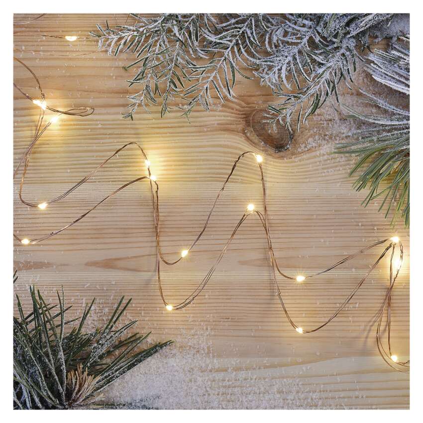 LED božična nano veriga bakrena, 0,9 m, 2x AA, notranja, topla bela, časovnik