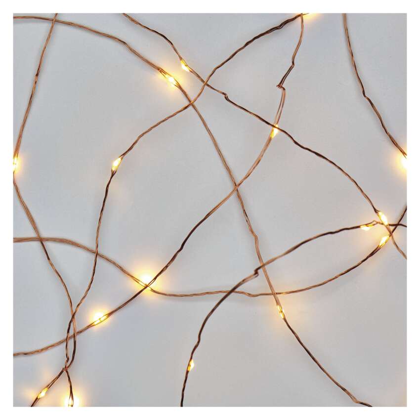 LED božična nano veriga bakrena, 0,9 m, 2x AA, notranja, topla bela, časovnik