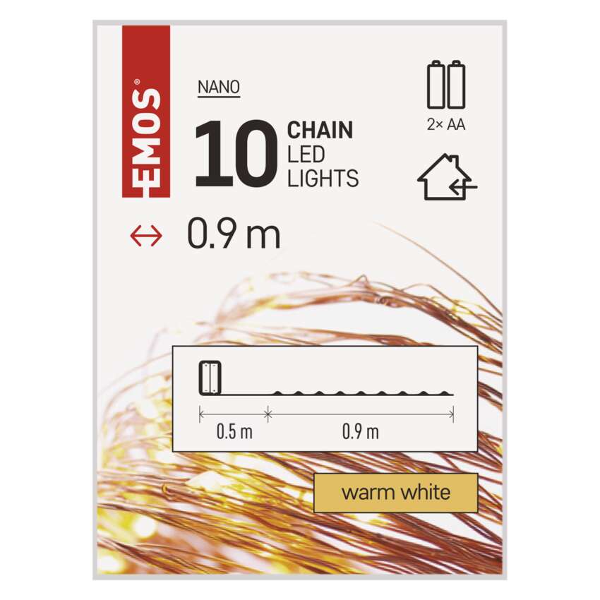 LED božična nano veriga bakrena, 0,9 m, 2x AA, notranja, topla bela, časovnik