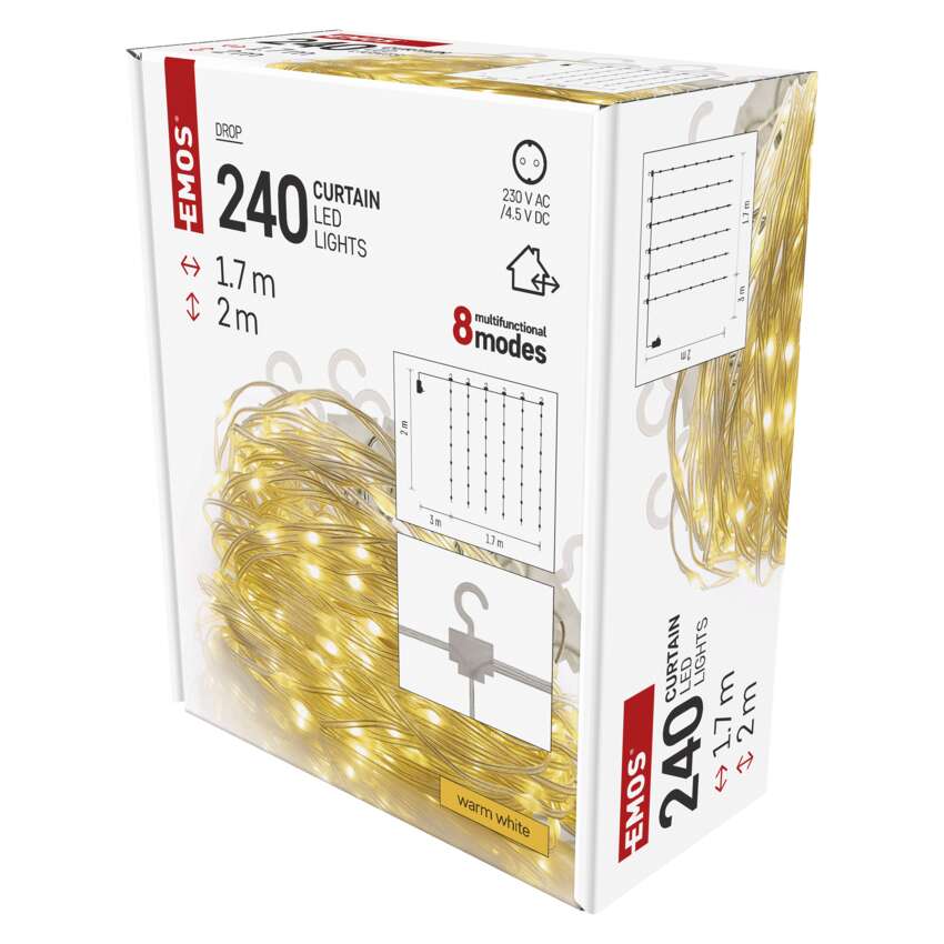 LED božična nano veriga drop zavesa, 1,7x2 m, zunanja in notranja, topla bela, programi