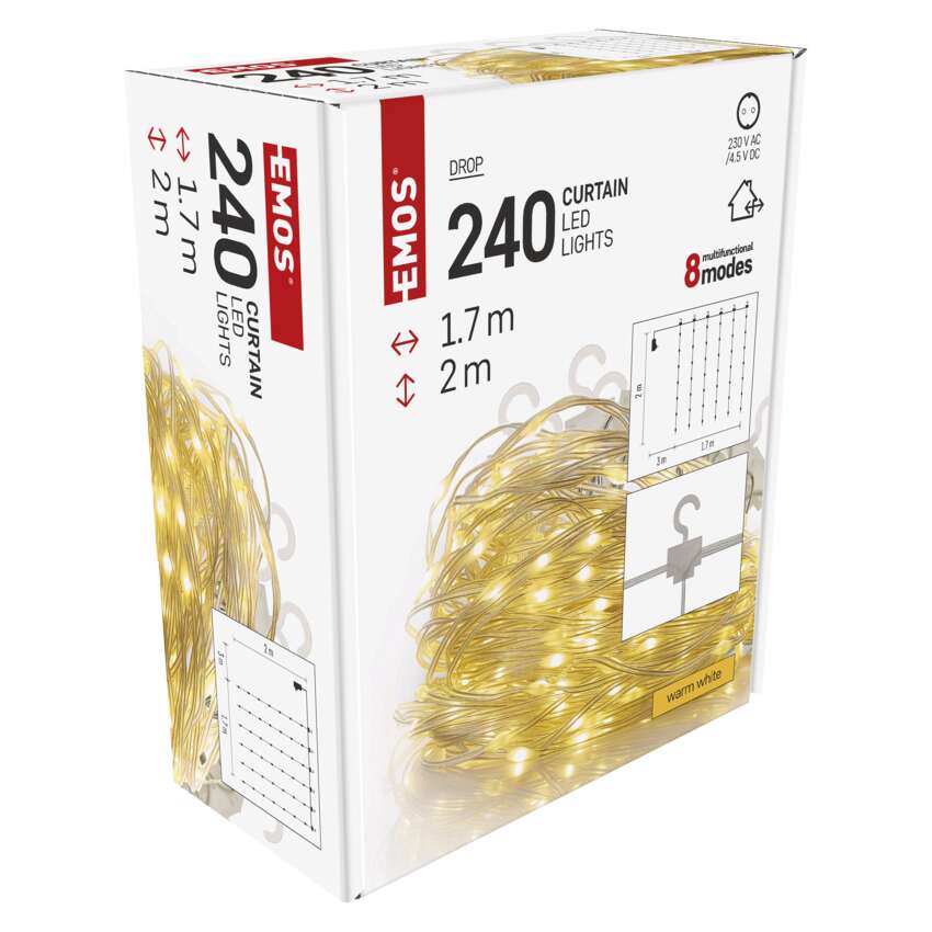 LED božična nano veriga drop zavesa, 1,7x2 m, zunanja in notranja, topla bela, programi