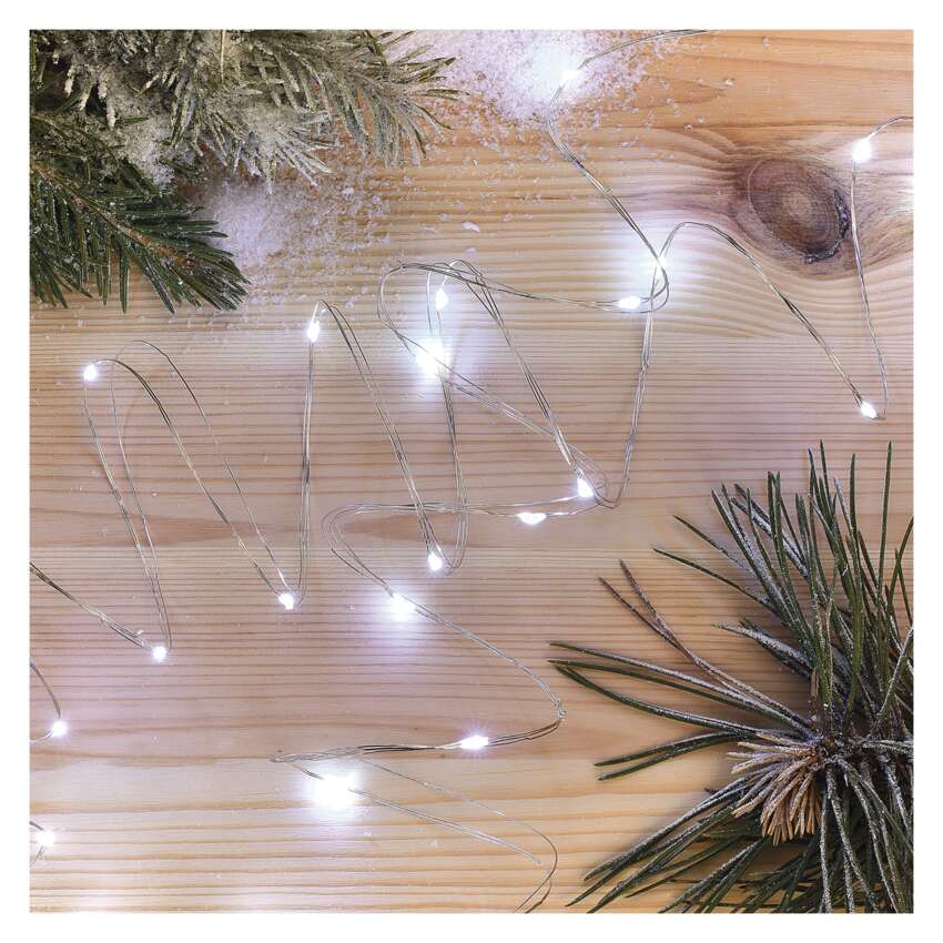 LED božična nano veriga srebrna, 0,9 m, 2x AA, notranja, hladna bela, časovnik