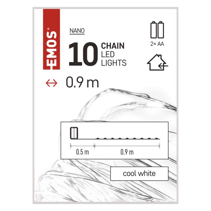 LED božična nano veriga srebrna, 0,9 m, 2x AA, notranja, hladna bela, časovnik