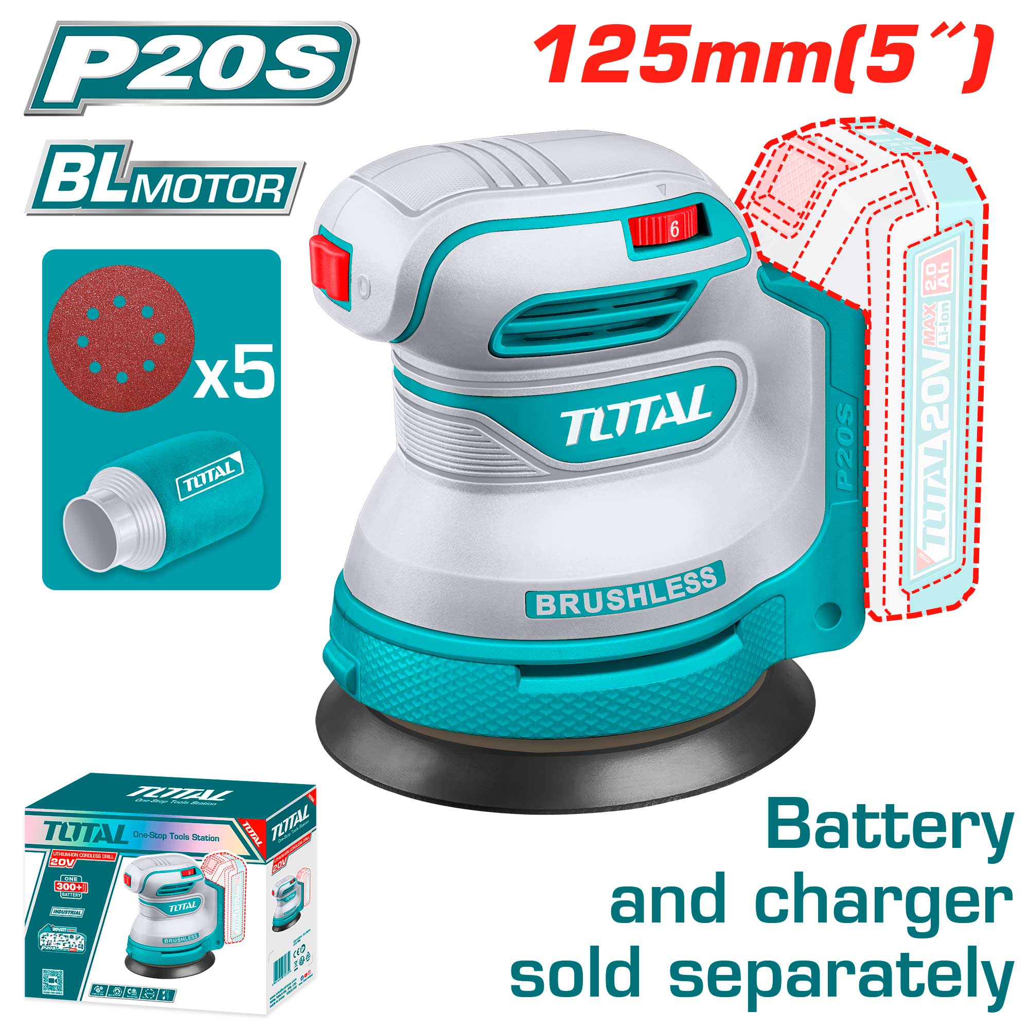 Akumulatorski ekscentrični brusilnik 20V/13000rpm/P20S (Brez baterije) (TROSLI2002) TOTAL