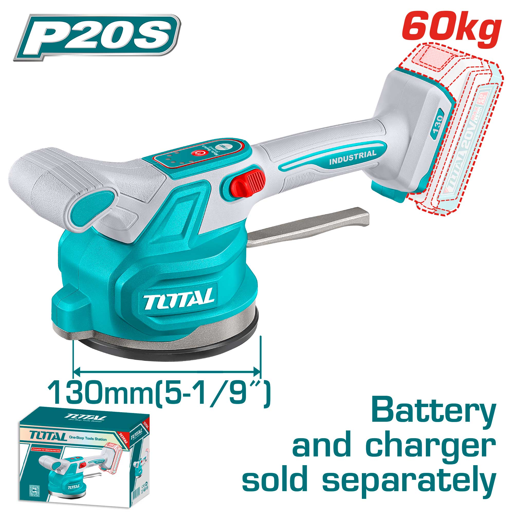 Akumulatorski vibrator za ploščice 60kg / 130mm / 10000rpm /20V/2.0Ah-7.5Ah/P20S (Brez baterije) / INDUSTRAIAL (TTVLI2001) TOTAL