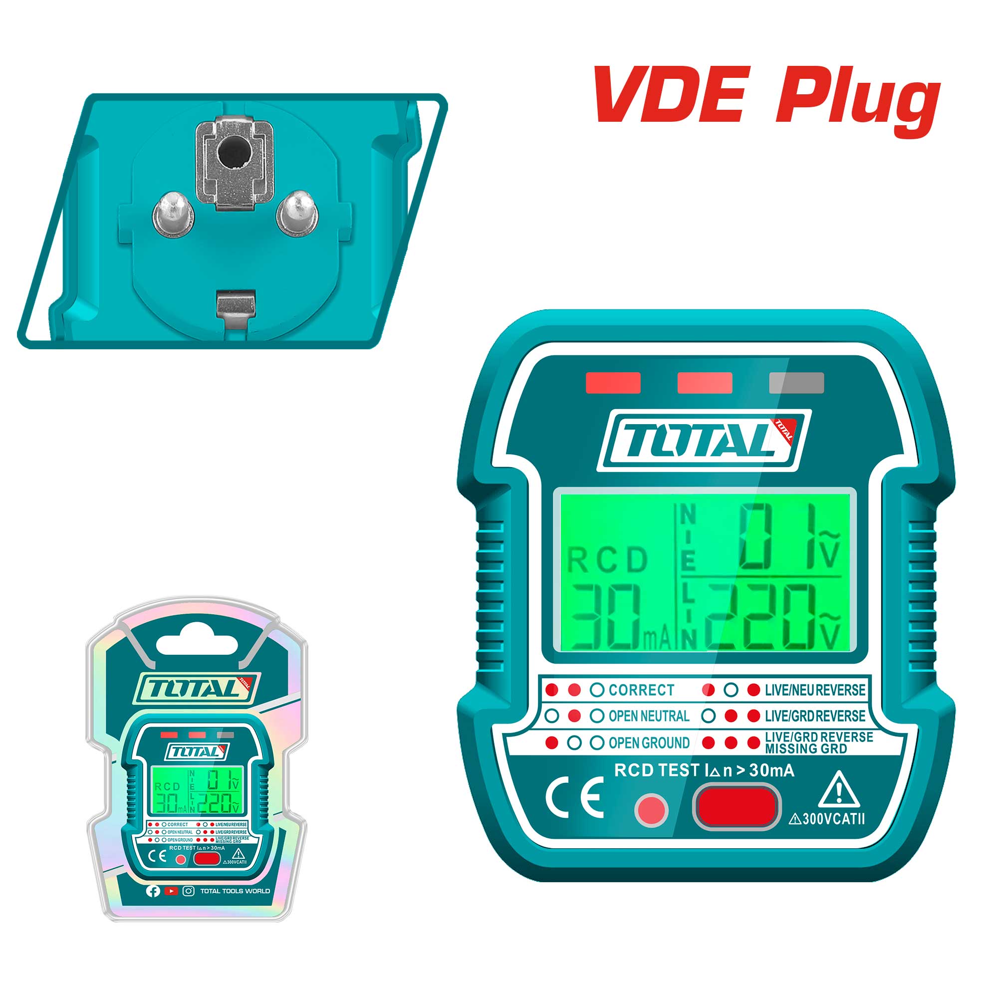 Tester vtičnic VDE / 30mA / LCD / INDUSTRIAL (TESST30011)