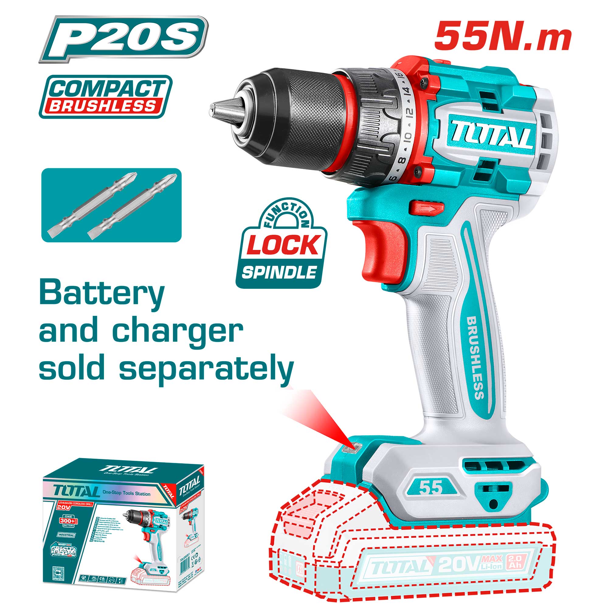 Kompaktni brezkrtačni akumulatorski vrtalnik 2000prm/55Nm/P20S/ INDUSTRIAL (Brez baterije) (TDLI205581)