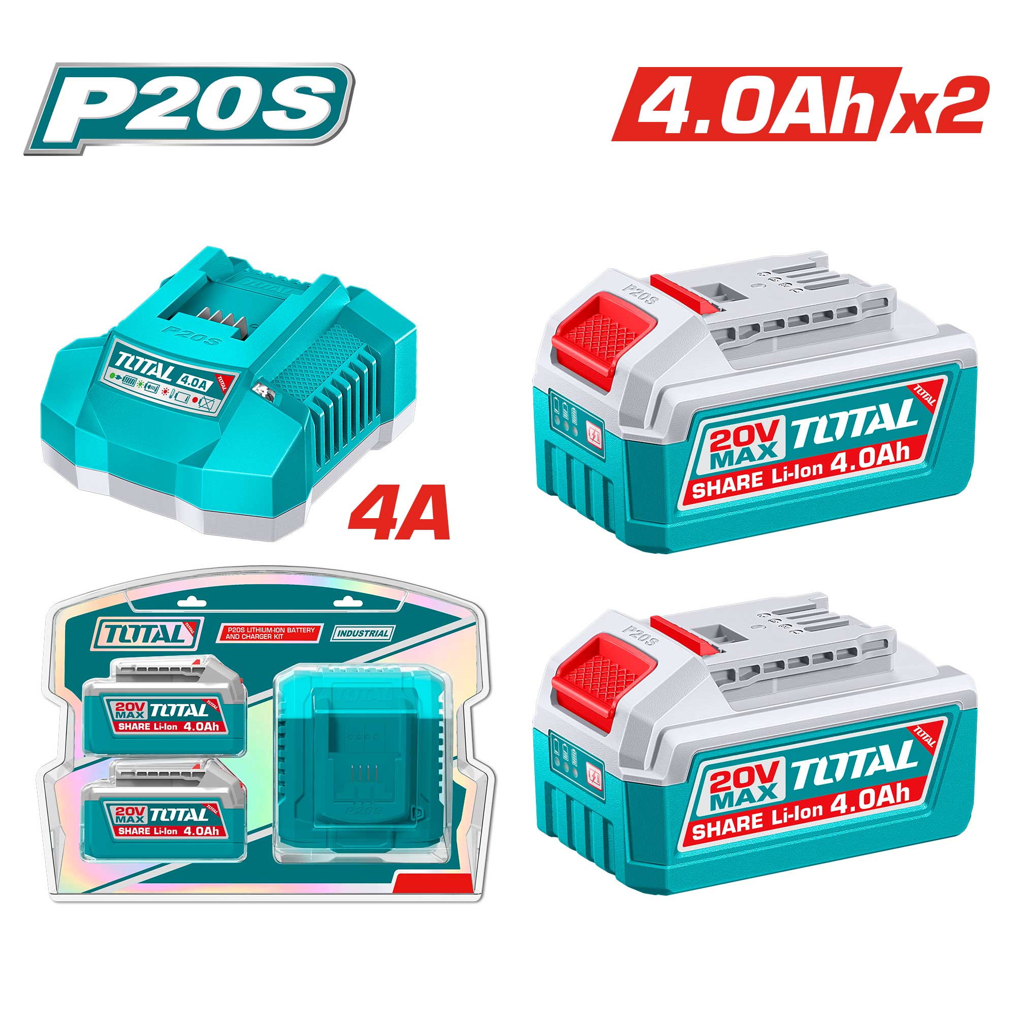 Komplet 2 kos. Litij-ionska baterija 4,0 Ah in polnilec 4.0Ah, 20V/P20S, INDUSTRIAL (TFBCPK2013E) TOTAL