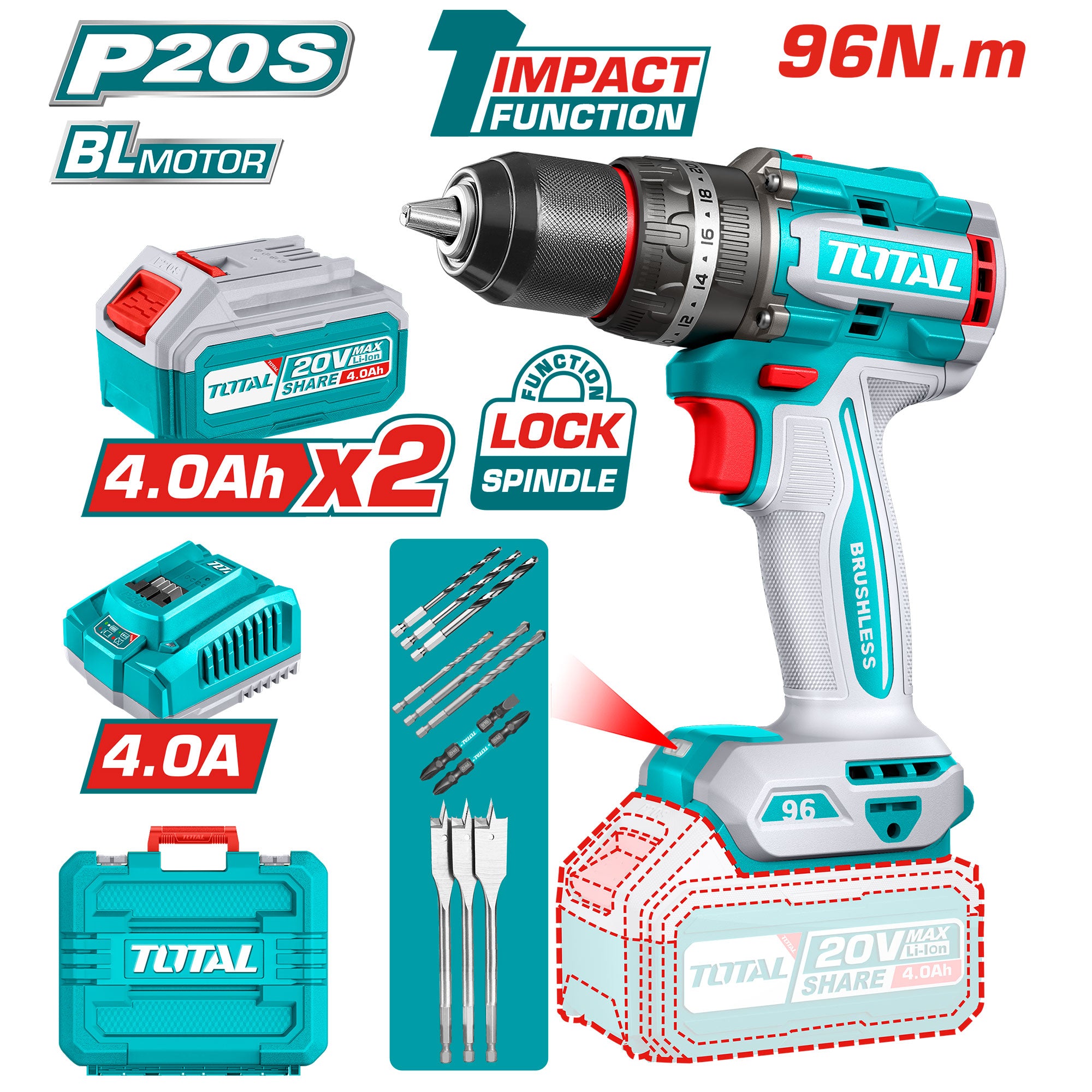 Kompaktni brezkrtačni akumulatorski vrtalnik 2000prm/96Nm/P20S/ INDUSTRIAL (SET Baterija 2x4Ah, Polnilec, Kovček) (TIDLI20968E) TOTAL