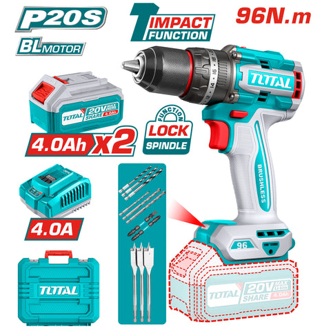 Kompaktni brezkrtačni akumulatorski vrtalnik 2000prm/96Nm/P20S/ INDUSTRIAL (SET Baterija 2x4Ah, Polnilec, Kovček) (TIDLI20968E) TOTAL