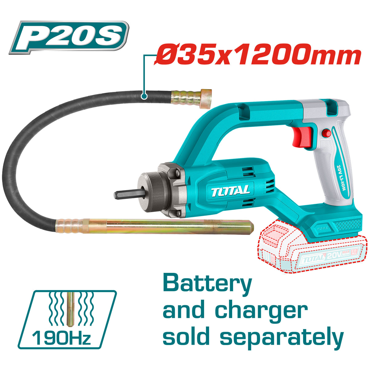 Akumulatorski vibrator za beton 2500rpm/20V/2.0Ah-8Ah/P20S (Brez baterije) (TCVLI202502)