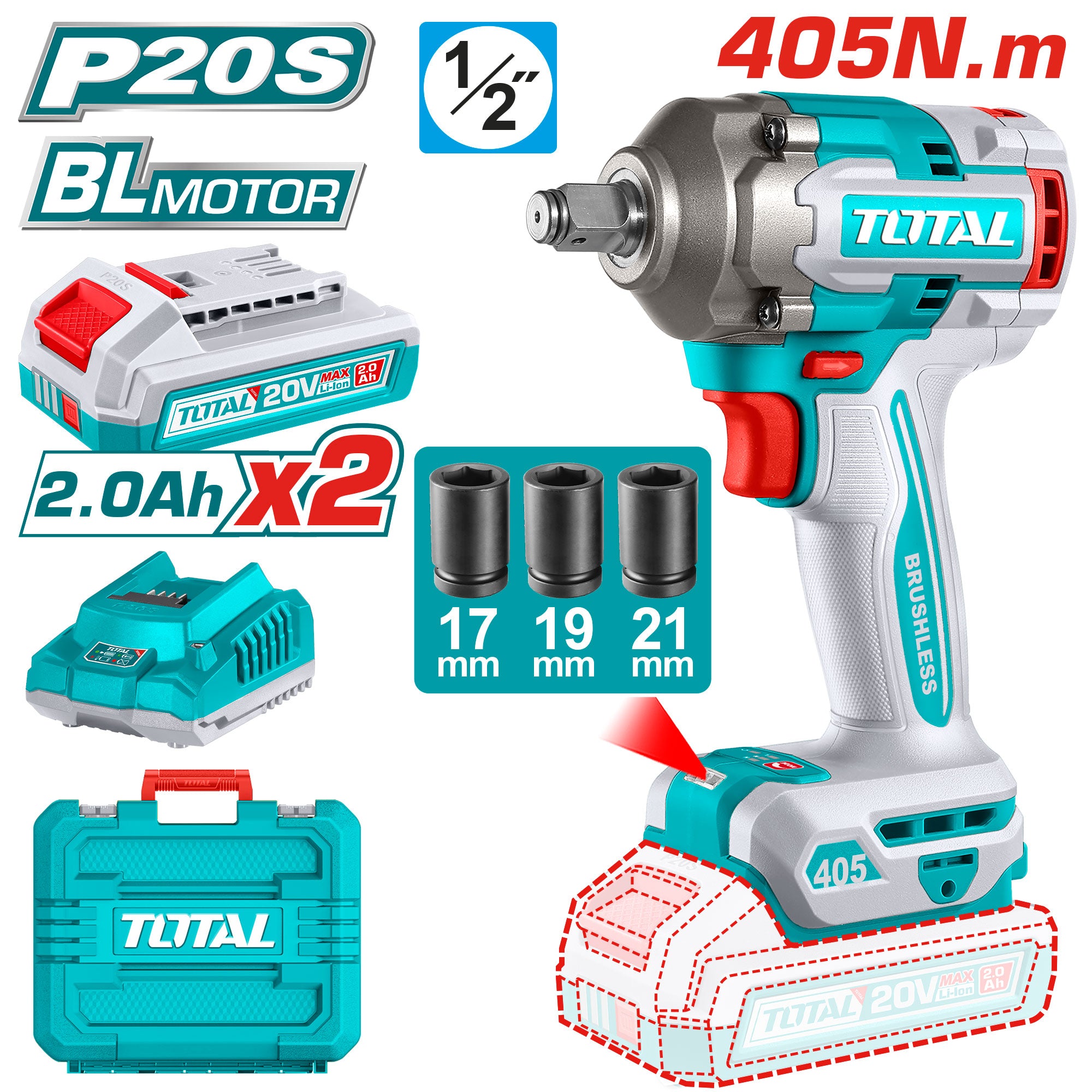 Akumulatorski udarni vijačnik 405Nm/1/2″/ INDUSTRIAL (SET Baterija 2x2Ah, Polnilec, Kovček) (TIWLI2045E) TOTAL