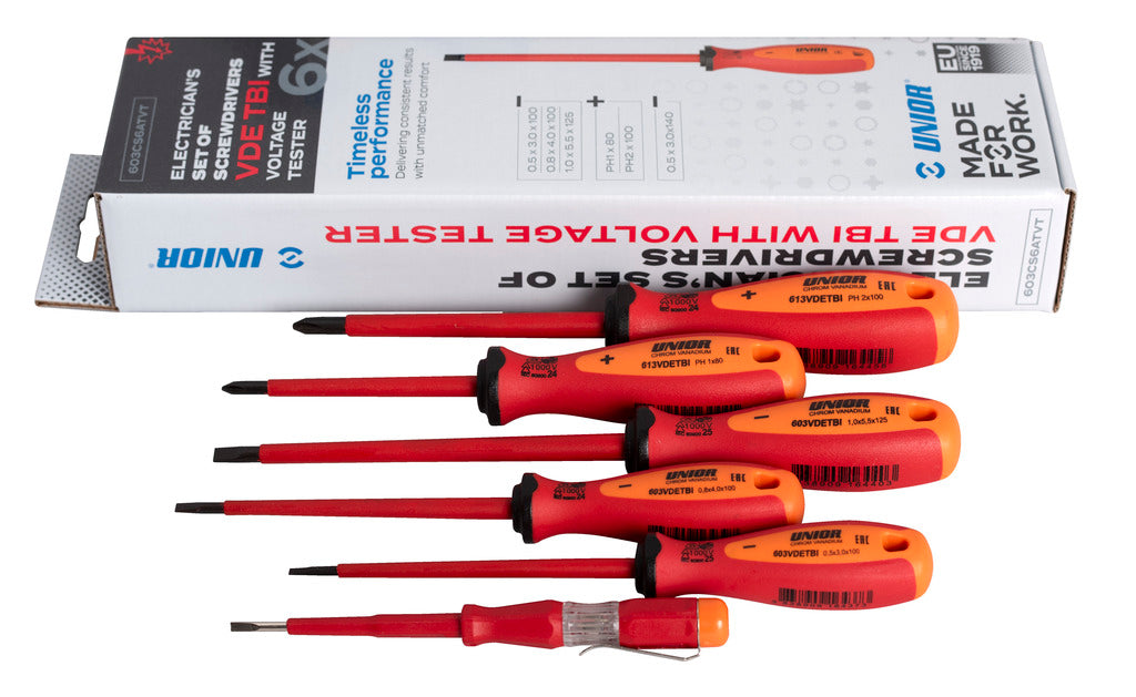 Unior izvijači ploščato križni VDE TBI v kart. Art.603CS6ATVT, s preizk. 3x PL/2x PH /1xpreiz. (617654)