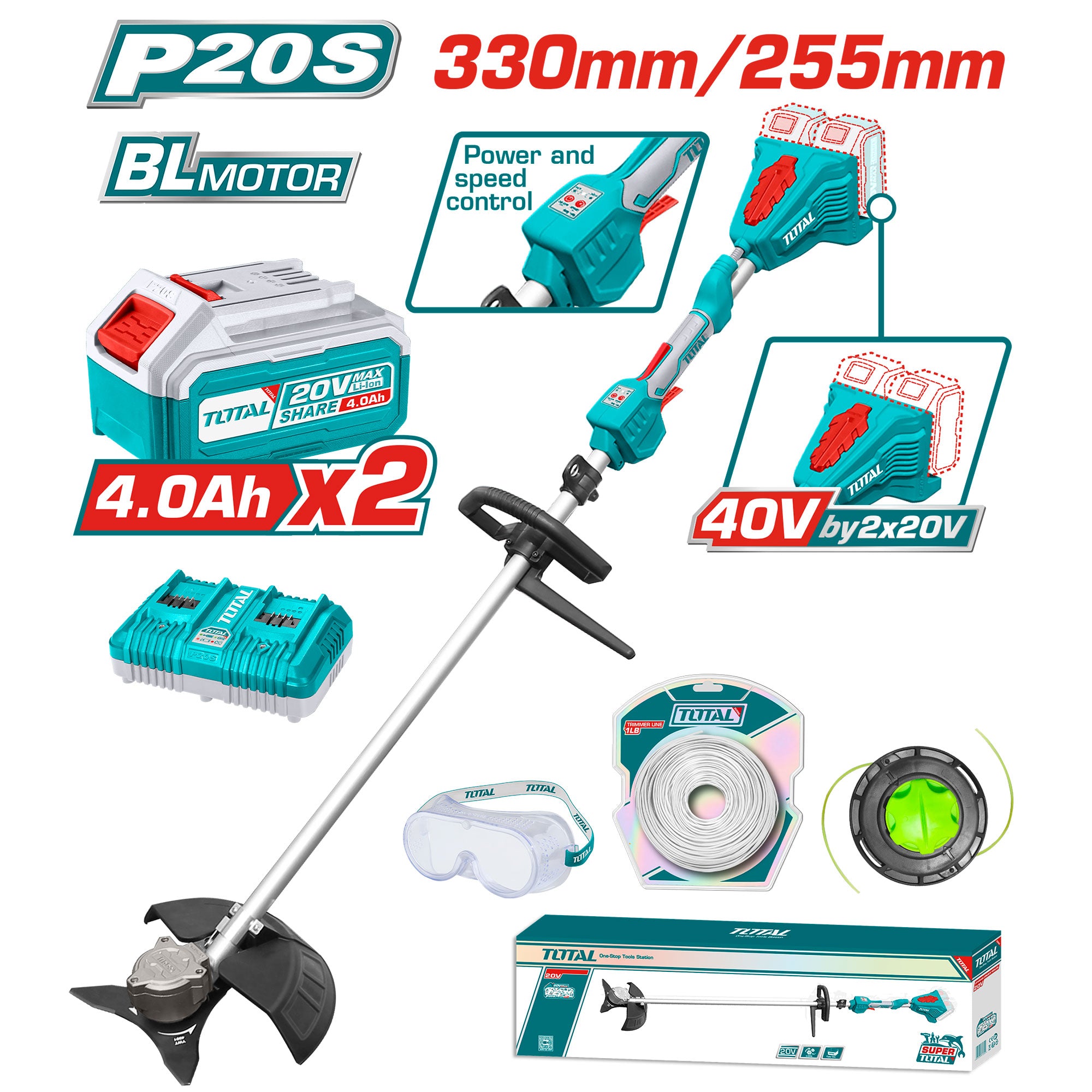 Akumulatorska kosilnica za travo (nitkarica) 330mm/20V/2.0Ah-7.5Ah/P20S /INDUSTRIAL (SET Baterija 2x4Ah, Polnilec) (TSTLI200285) TOTAL