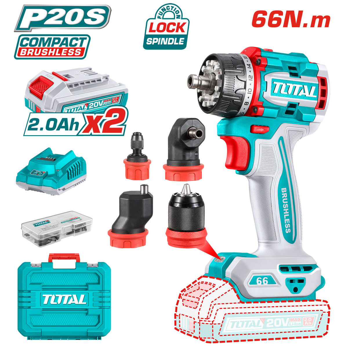 Akumulatorski vrtalnik-vijačnik z več glavami 2000rpm/66Nm/P20S/ INDUSTRIAL (SET Baterija 2x2Ah, Polnilec, Kovček) (TDLI206686E)