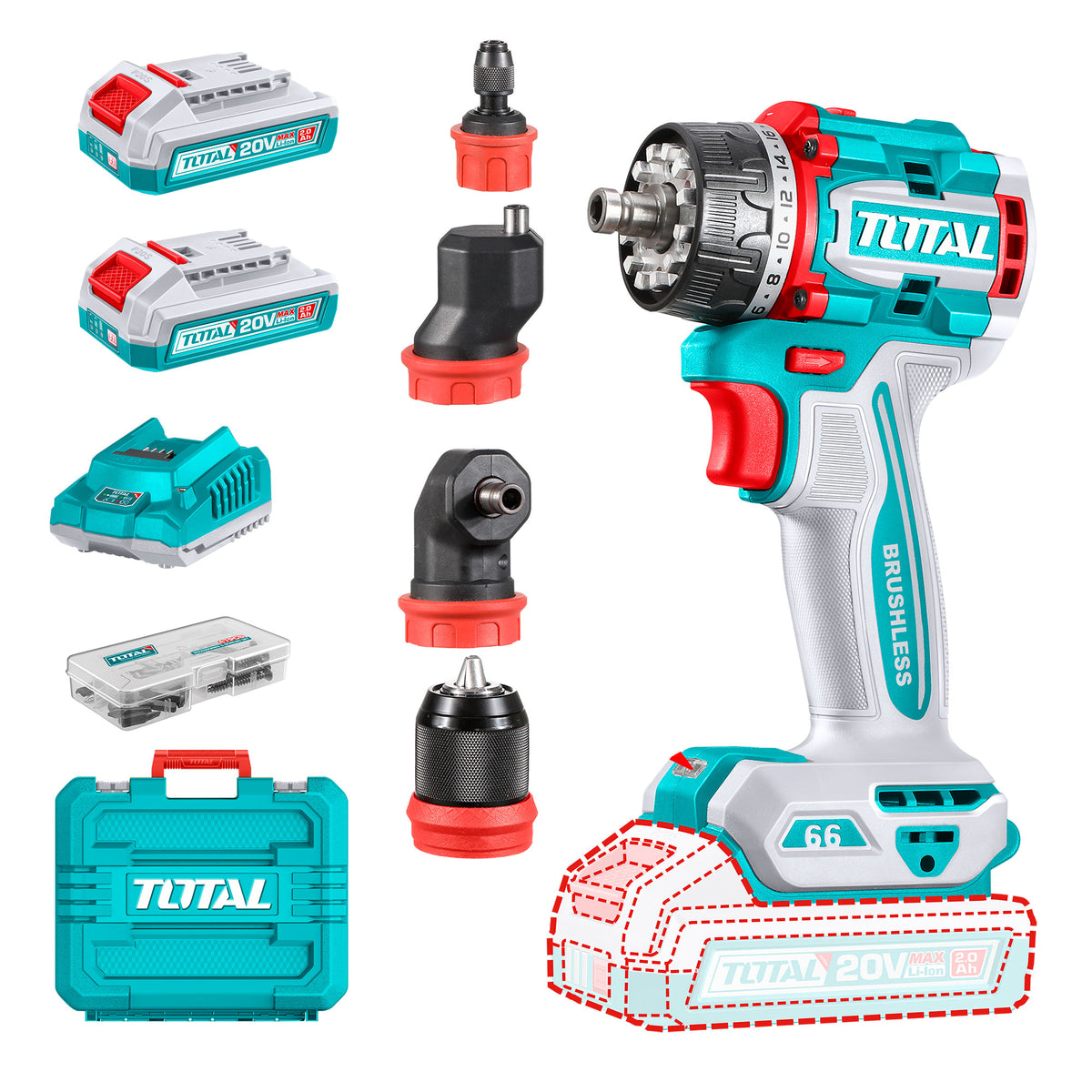 Akumulatorski vrtalnik-vijačnik z več glavami 2000rpm/66Nm/P20S/ INDUSTRIAL (SET Baterija 2x2Ah, Polnilec, Kovček) (TDLI206686E)