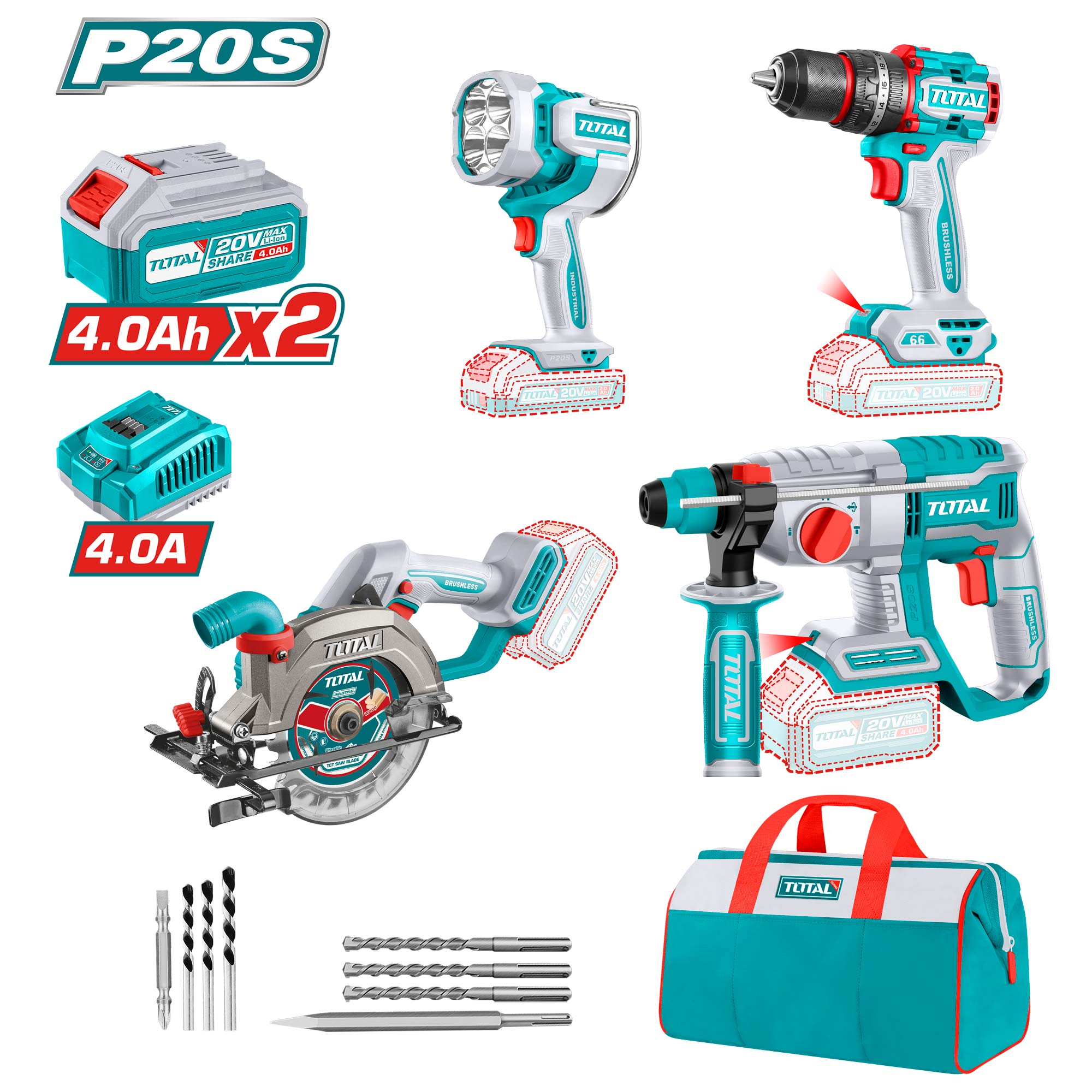 4 delni akumulatorski kombinirani komplet, 20V/2x4Ah/TIDLI206681/TRHLI20208/TWLI20885/TSLI1402/ INDUSTRIAL