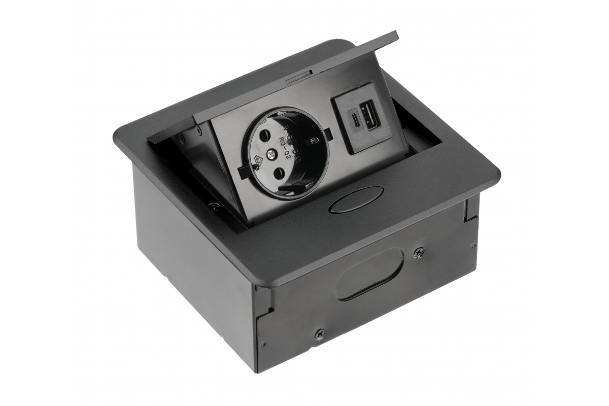 Vgradna vtičnica Avaro 1x Schuko in 1xUsb A 1x Usb C Črne barve