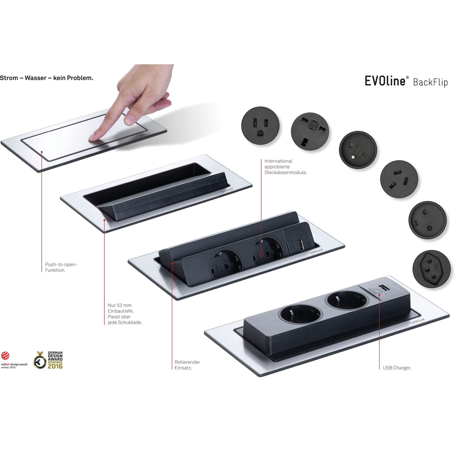 Vgradna vtičnica EVOLINE BackFlip  2 Schuko vtičnici 1 USB-A polnilec Barva Inox