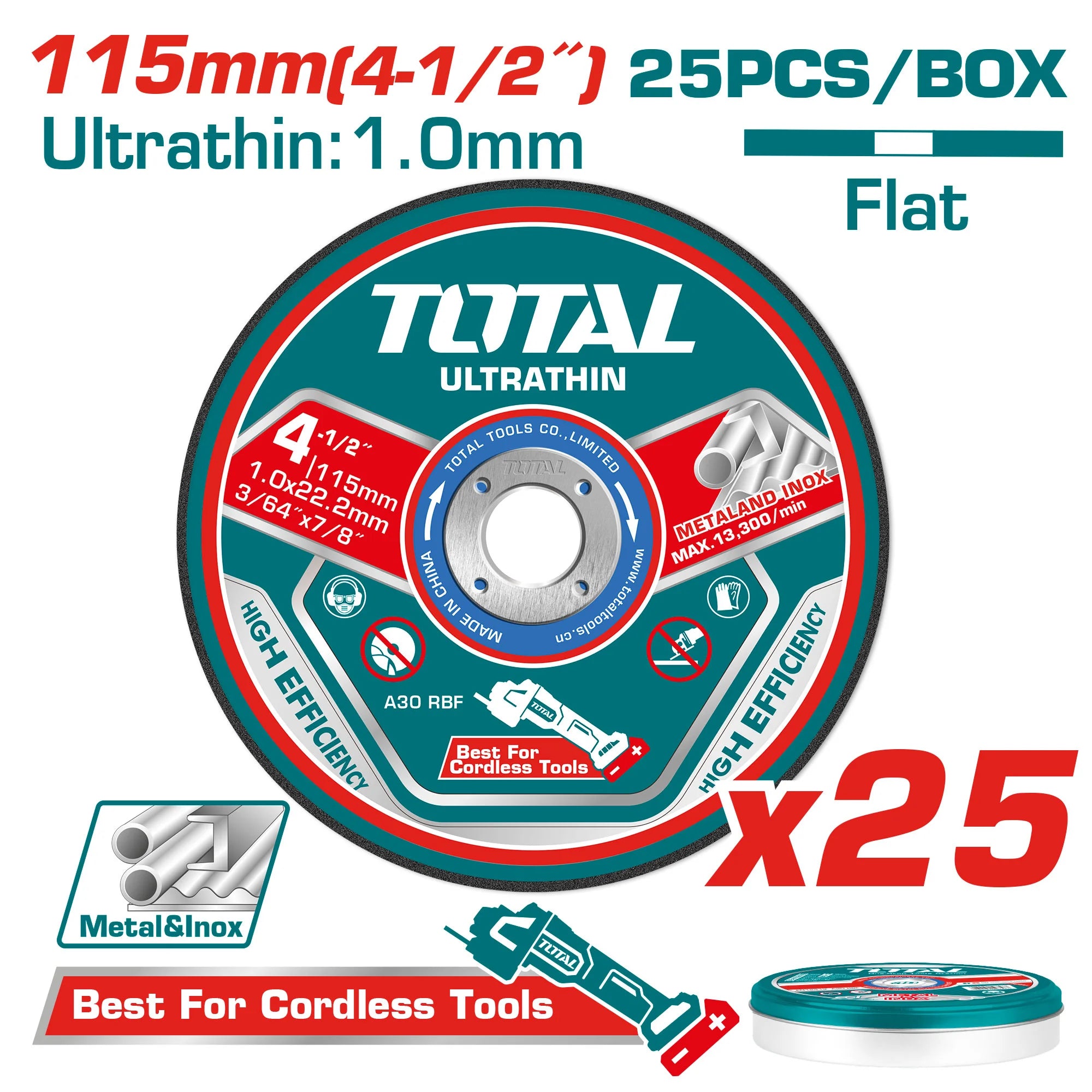 25 kosov/komplet ultra tanke plošče za rezanje kovine 115x1x22,2 mm (TAC11011525) TOTAL