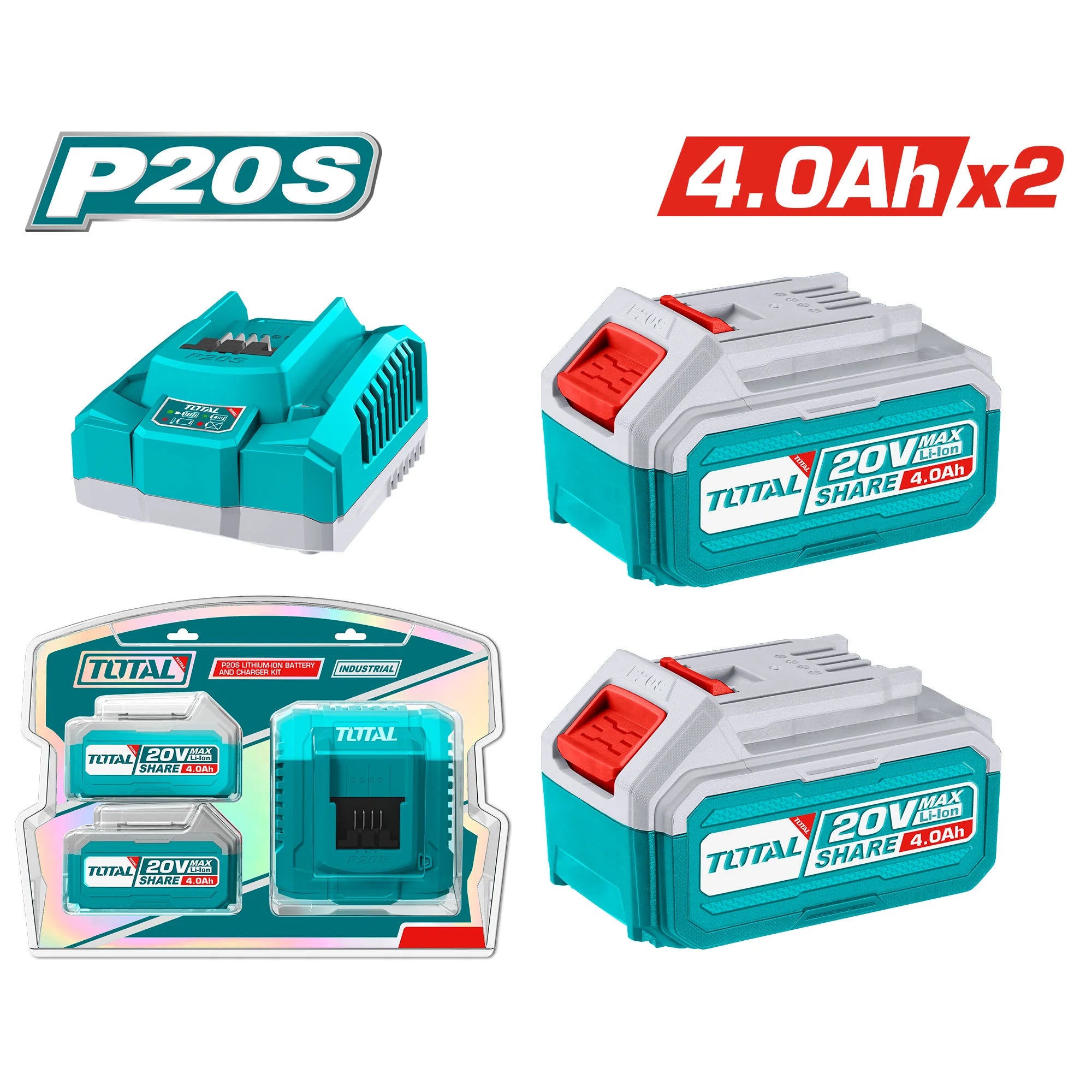 Komplet 2 kos. Litij-ionska baterija 4,0 Ah in polnilec, 20V/P20S, INDUSTRIAL (TFBCPK1424E) TOTAL