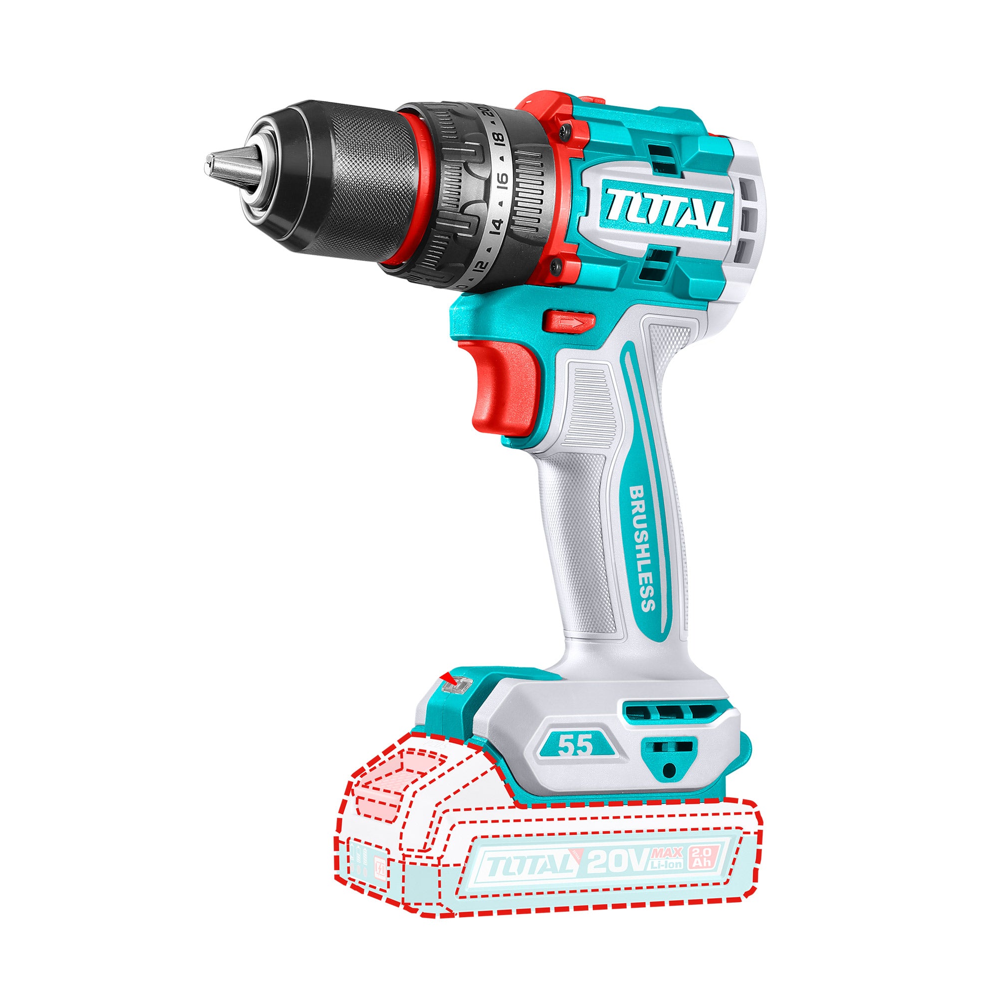 Kompakten brezkrtačni akumulatorski udarni vrtalnik 2000prm/55Nm/P20S/ INDUSTRIAL (Brez baterije) (TIDLI205581) TOTAL