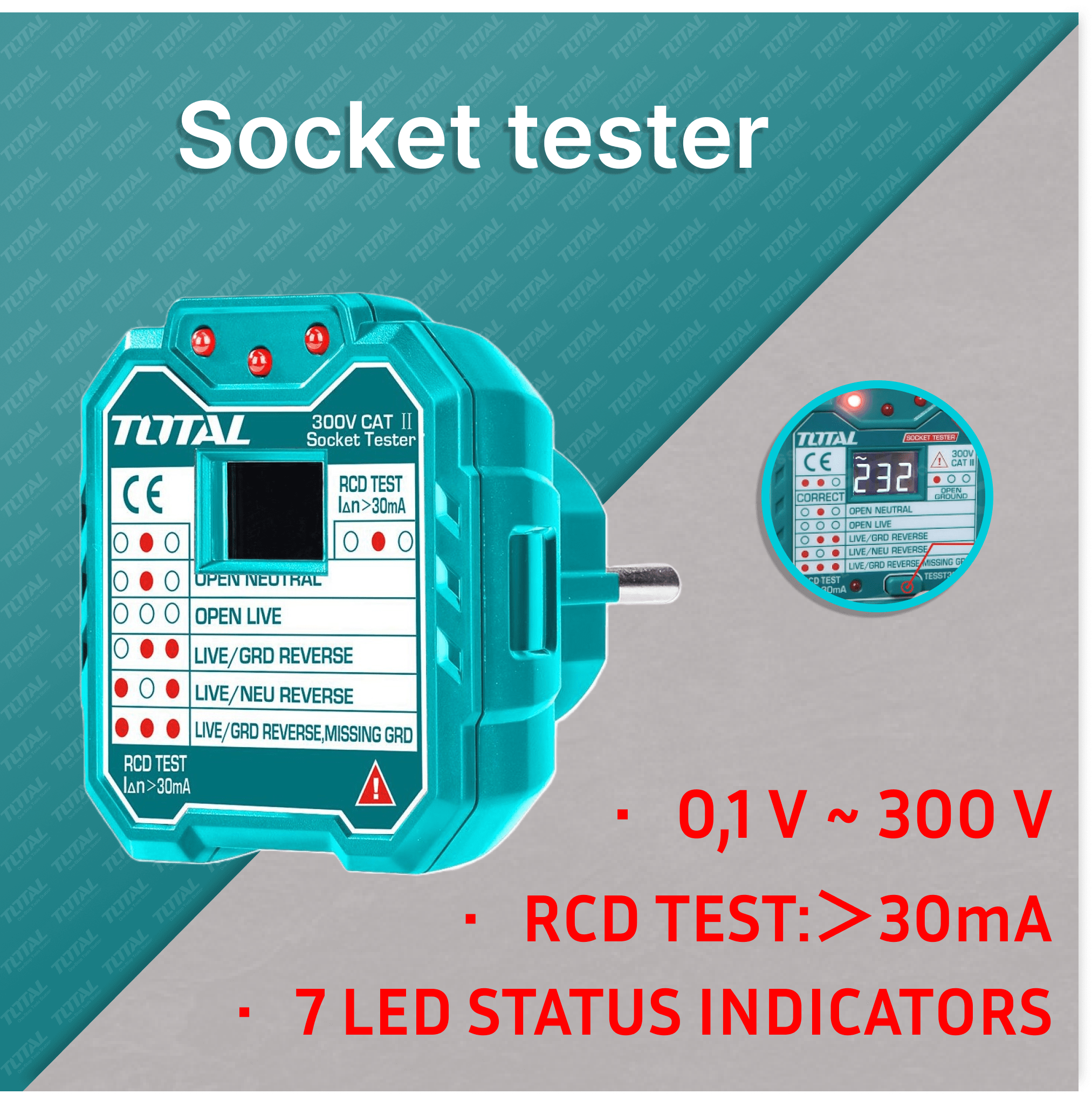 Tester vtičnic VDE / 30mA  (TESST30002) TOTAL