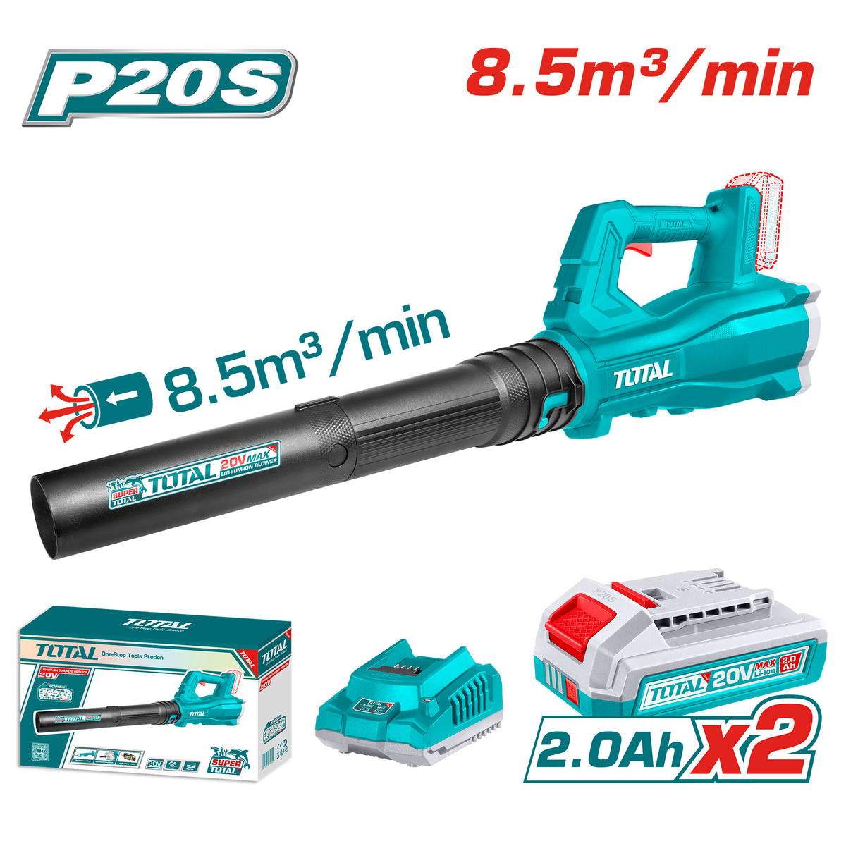 Akumulatorsko puhalo 15000rpm /8.5m3/20V/2.0Ah-8Ah/P20S/ INDUSTRIAL (SET Baterija 2x2Ah, Polnilec) (TABLI203232E)