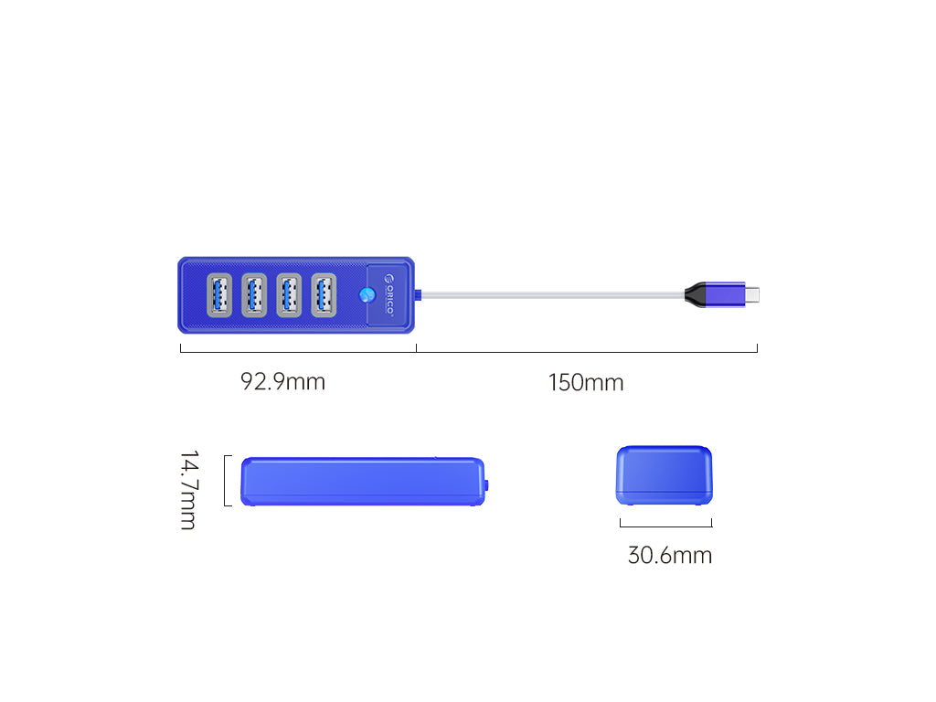 USB-C hub s 4-vhodi, USB 3.0, 0.15m, moder, ORICO PW4U-C3-015