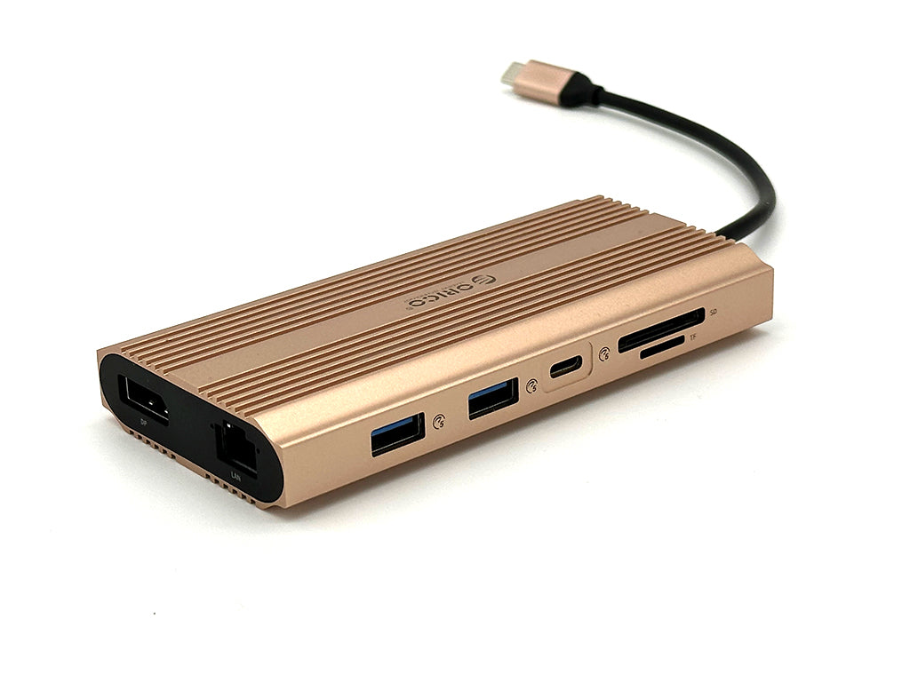 Priključna postaja USB-C 12 v 1, RGB, USB-C 3.1, 3x USB-A, USB-C PD100W, 2x HDMI 4K@60Hz, DP 4K@60Hz, SD+TF, RJ45, AUX, Aluminij, roza, ORICO XDR-X3