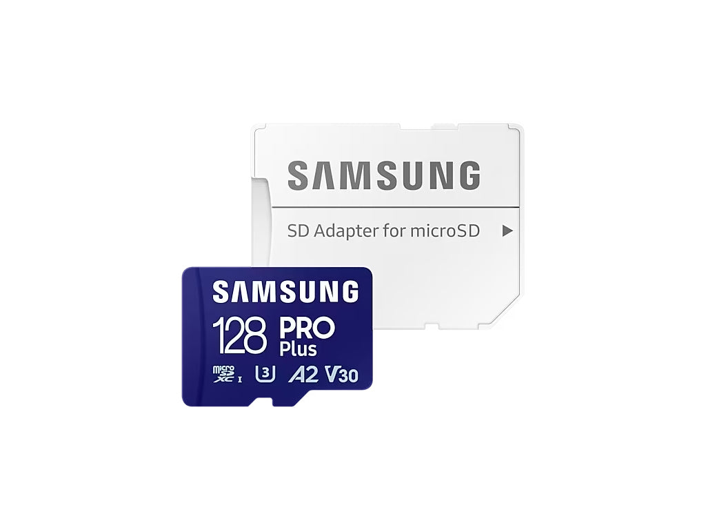Spominska kartica Samsung PRO Plus micro SDXC, 128GB, 180MB/s, U3, V30, A2, UHS-I, z SD adapterjem