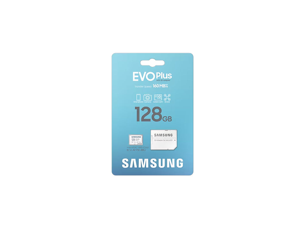 Spominska kartica Samsung EVO Plus, micro SDXC, 128GB, 160MB/s, U3, V30, A2, UHS-I, z adapterjem