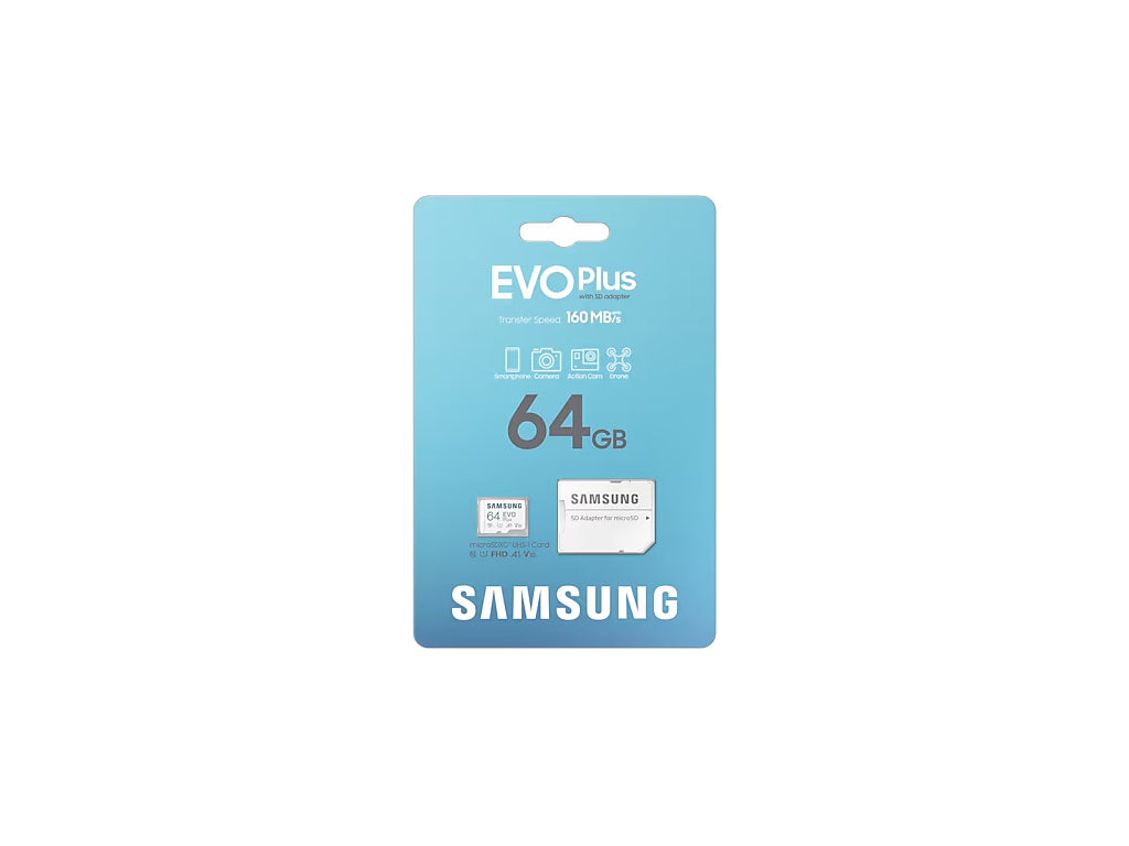 Spominska kartica Samsung EVO Plus, micro SDXC, 64GB, 160 MB/s, U1, V10, A1, UHS-I, z adapterjem
