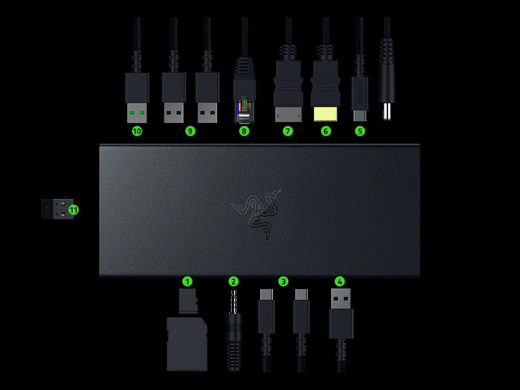 Priključna postaja USB-C Razer USB 4 Dock, 14 v 1, 4xUSB-A, 3xUSB-C, HDMI, DP, RJ45, AUX, mSD/SD, črna
