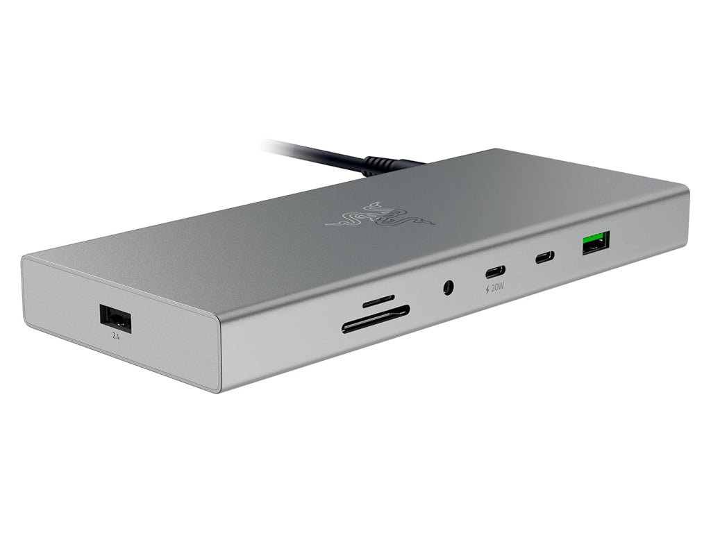 Priključna postaja USB-C Razer USB 4 Dock Mercury, 14 v 1, 5xUSB-A, 3xUSB-C, HDMI, DP, RJ45, AUX, mSD/SD, srebrna
