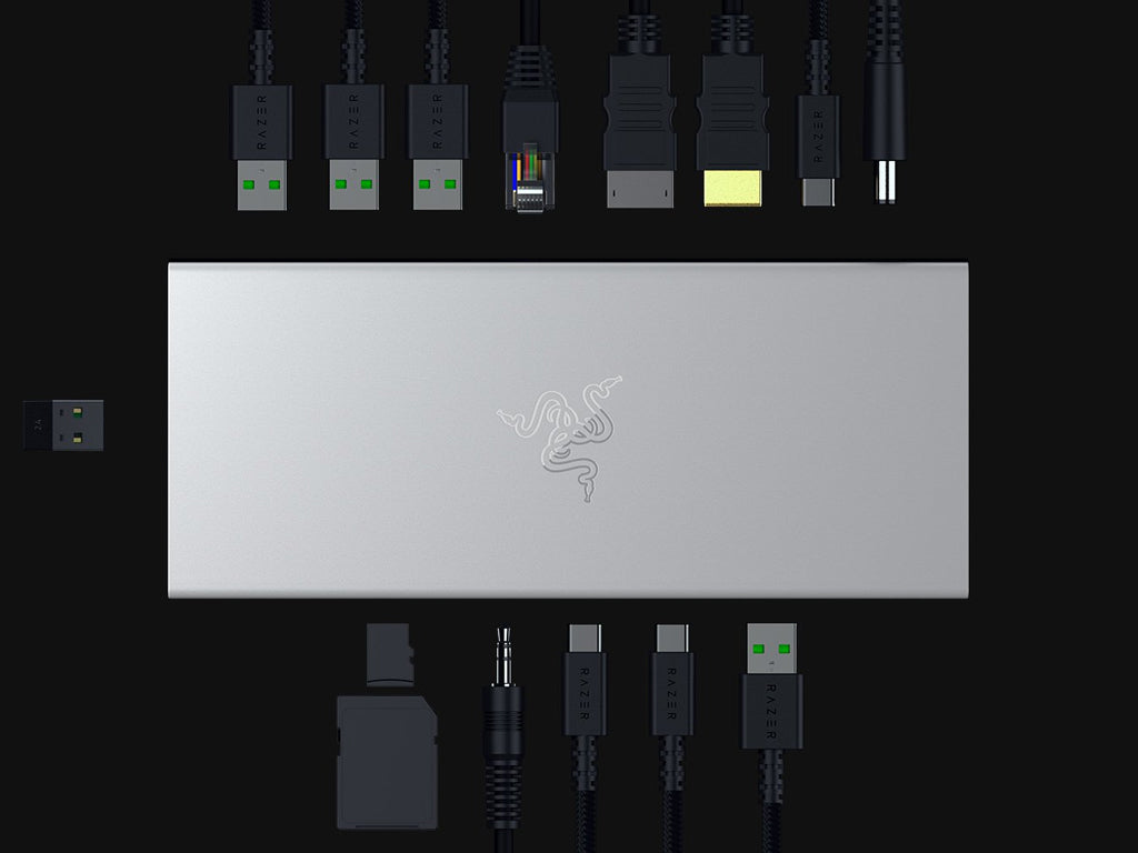 Priključna postaja USB-C Razer USB 4 Dock Mercury, 14 v 1, 5xUSB-A, 3xUSB-C, HDMI, DP, RJ45, AUX, mSD/SD, srebrna