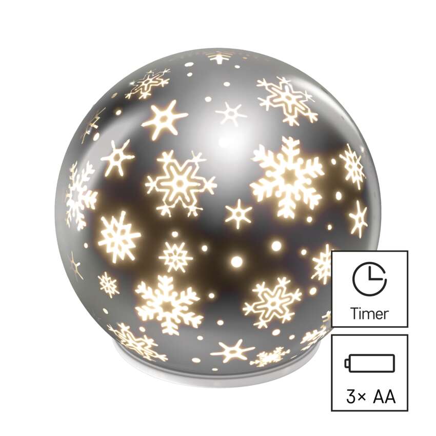 LED božična steklena krogla – snežinke, 12 cm, 3x AA, notranji, topla bela, časovnik
