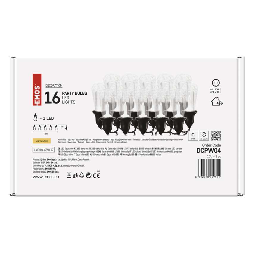 LED svetlobna veriga – 16x party lučke prozorne, 7,6 m, zunanja in notranja, topla bela