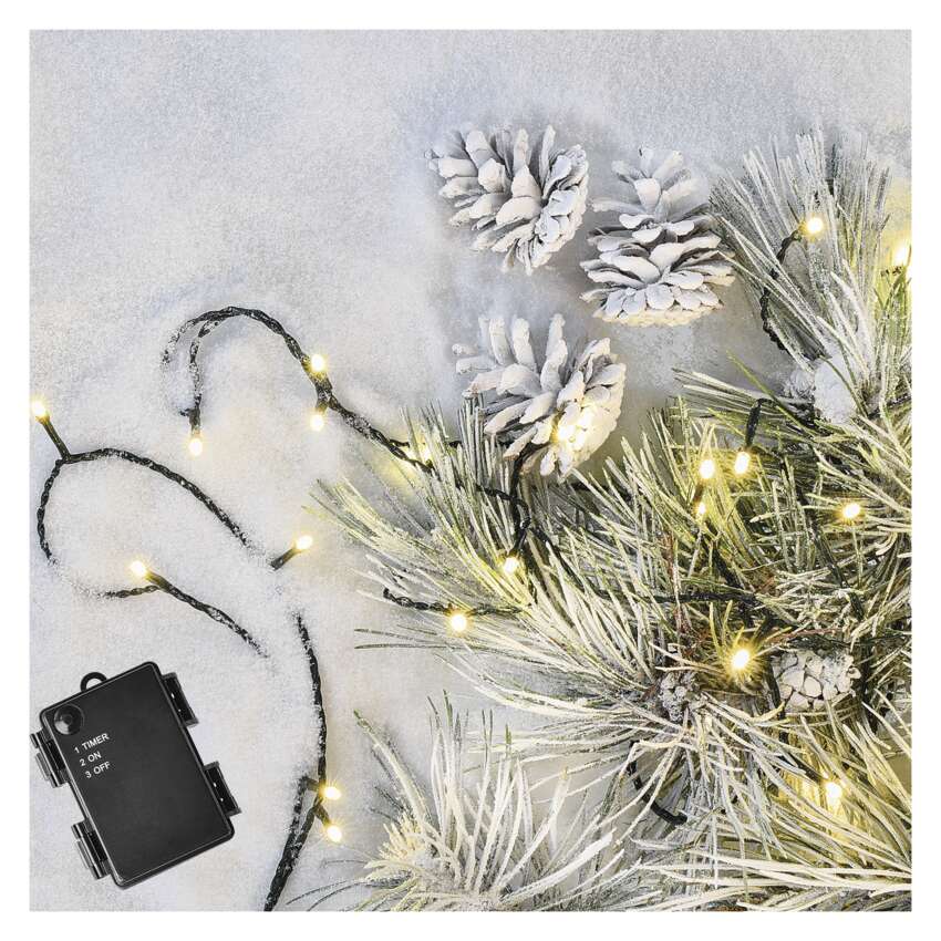 LED božična veriga, 8,4 m, 3x AA, zunanja in notranja, topla bela, časovnik