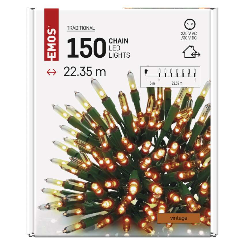 LED božična veriga – tradicionalna, 22,35 m, zunanja in notranja, vintage