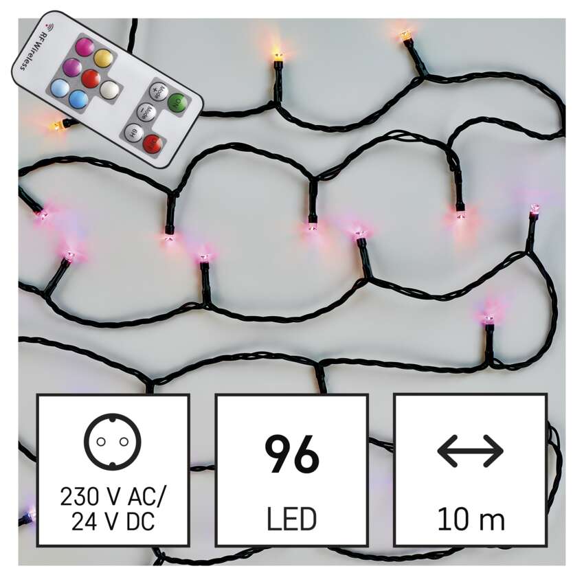 LED božična veriga, 10 m, zunanja in notranja, RGB, upravljalnik, programi, časovnik