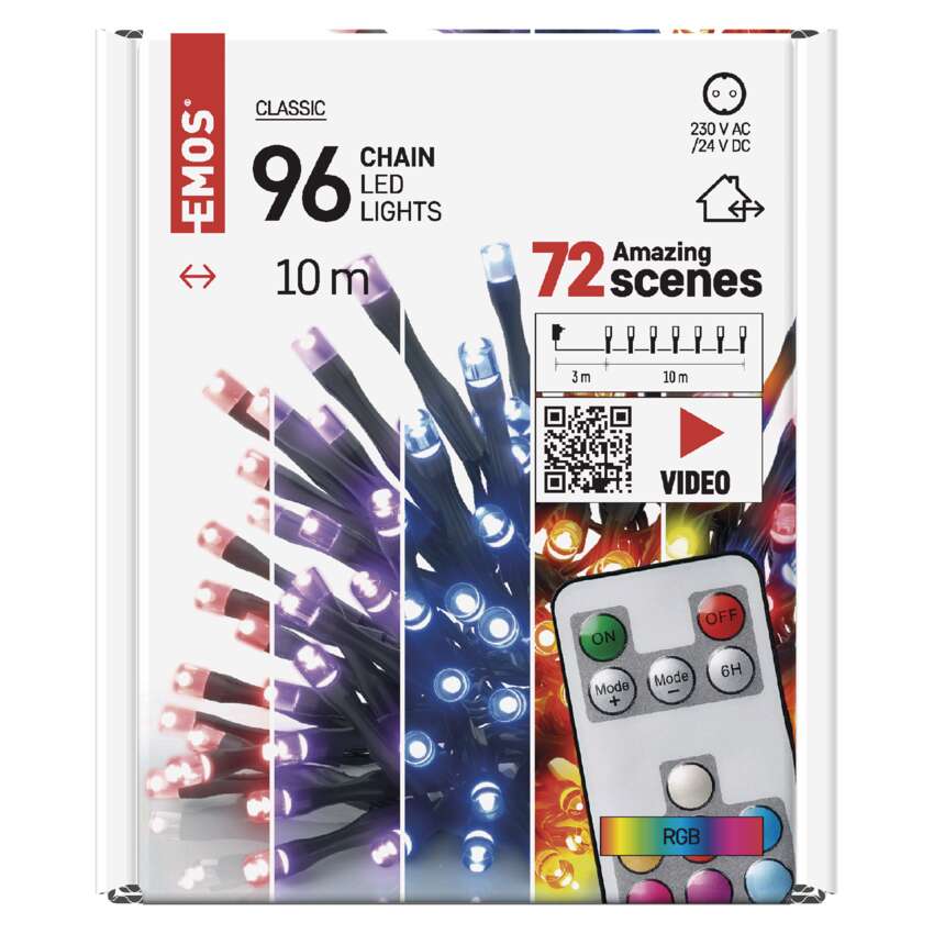 LED božična veriga, 10 m, zunanja in notranja, RGB, upravljalnik, programi, časovnik