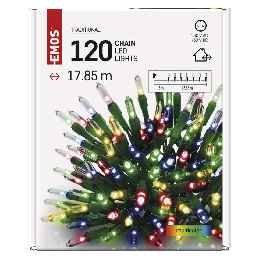 LED božična veriga – tradicionalna, 17,85 m, zunanja in notranja, večbarvna