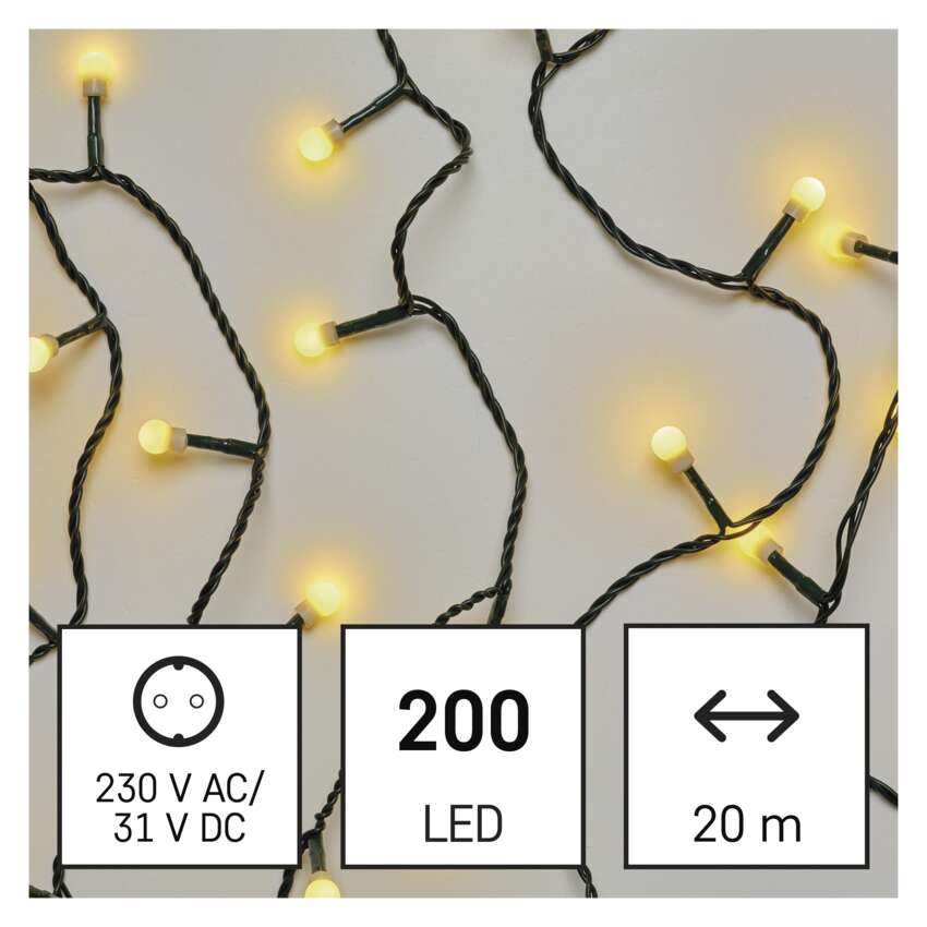 LED božična cherry veriga – kroglice, 20 m, zunanja in notranja, topla bela, časovnik